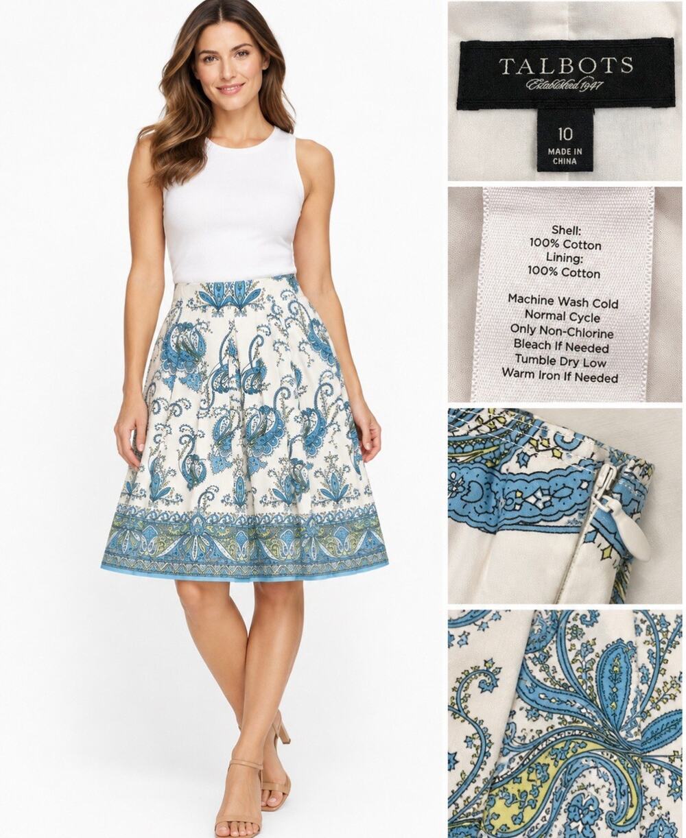 Coastal Talbots Women's Pleated A-Line Skirt Size 10 Blue White Paisley Cotton